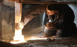 A professional inspecting wooden beams under the floor of a structure in Oakland, CA